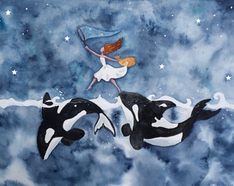 Orca Painting, Girl Nursery Artwork, Ocean Art, Girl Chasing Stars Print, Sea Wall Decor, Whale Art, Killer Whale Print, Fantasy Painting