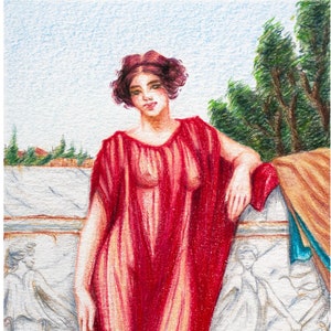 Athenias Painting, Classical Art Study, Woman Painting, Colorful Art, John William Godward Artwork, Red Dress Painting, Colorful Painting