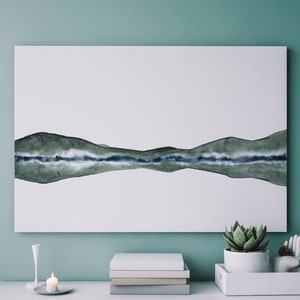 Green Hills Painting Mountains Lake Print, Abstract Painting, Landscape Poster Large Size Contemporary Artwork, Lake Reflection Framed Print