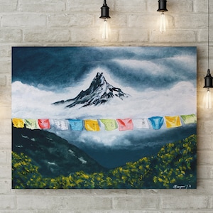 Himalaya Painting, Nepal Flags Print, Mountains Print, Forest Painting, Himalayan Flags Print,Landscape Poster Large Size, Framed Print