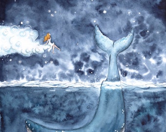 Whale Girl Fantasy Painting, Dreamy Nursery Decor, Framed Print