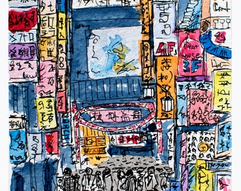 Tokyo Street Sketch Print, Neon Signs Kanji, Japan Souvenir