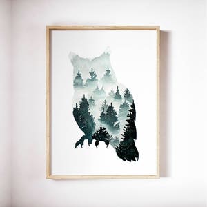 Owl Print, Pine Forest Painting, Owl Painting, Animal Silhouette, Framed Home Decor, Woodland Animal, Pine Trees Print, Owl Art, Gift Idea