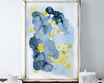 Yellow Flower Print, Abstract Painting, Blue Yellow Art, Blue Landscape Art, Contemporary Artwork, Abstract Calming Art, Framed Print