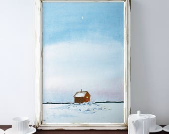Cabin Landscape Watercolour, Simple Snow Valley Wall Artwork, Nordic Nature Art, Finland Scenery 8x10 Painting, Baby Shower Living Room Art