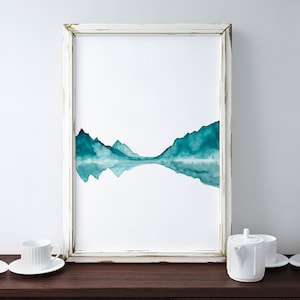Mountains Lake Print, Teal Painting, Abstract Print, Landscape Art, Poster Large Size Contemporary Artwork, Lake Reflection Art Framed Print