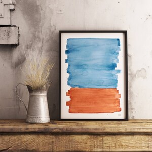 Blue Orange Print Abstract Landscape Art Print, Minimalistic Brush Art, Modern Poster Large Size, Contemporary Artwork,Framed Brush Painting image 2