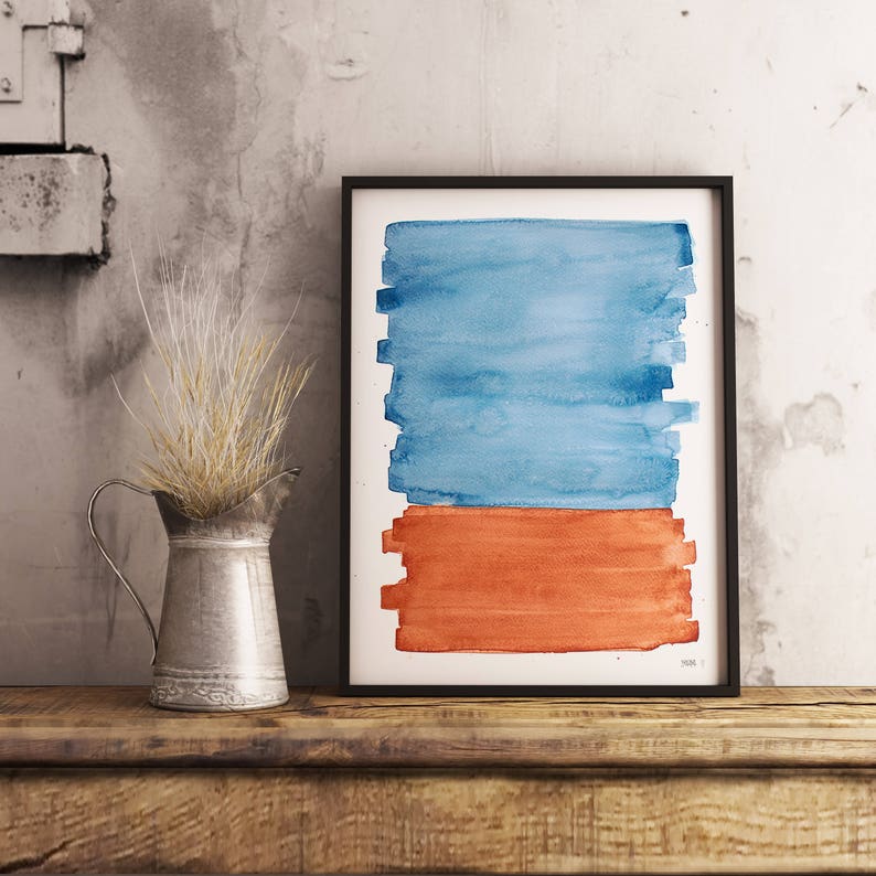 Blue Orange Print Abstract Landscape Art Print, Minimalistic Brush Art, Modern Poster Large Size, Contemporary Artwork,Framed Brush Painting image 2