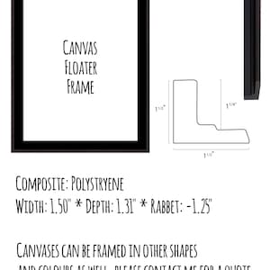 May include: Black canvas floater frame made of polystyrene. The frame is 1.50 inches wide, 1.31 inches deep, and has a rabbet of -1.25 inches. The image also shows a diagram of the frame's profile and the text "Canvas Floater Frame."