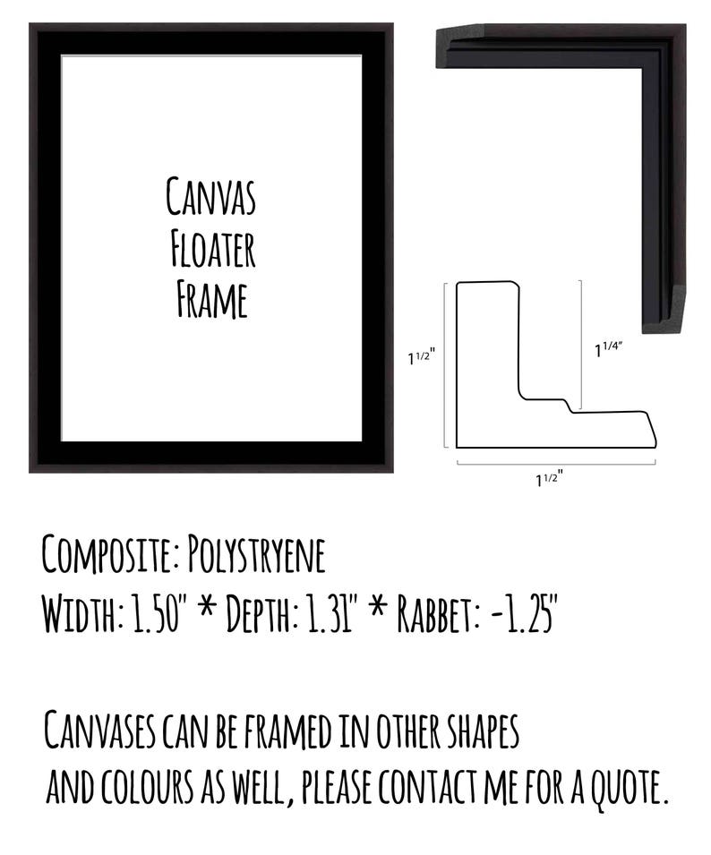 May include: Black canvas floater frame made of polystyrene. The frame is 1.50 inches wide, 1.31 inches deep, and has a rabbet of -1.25 inches. The image also shows a diagram of the frame's profile and the text "Canvas Floater Frame."