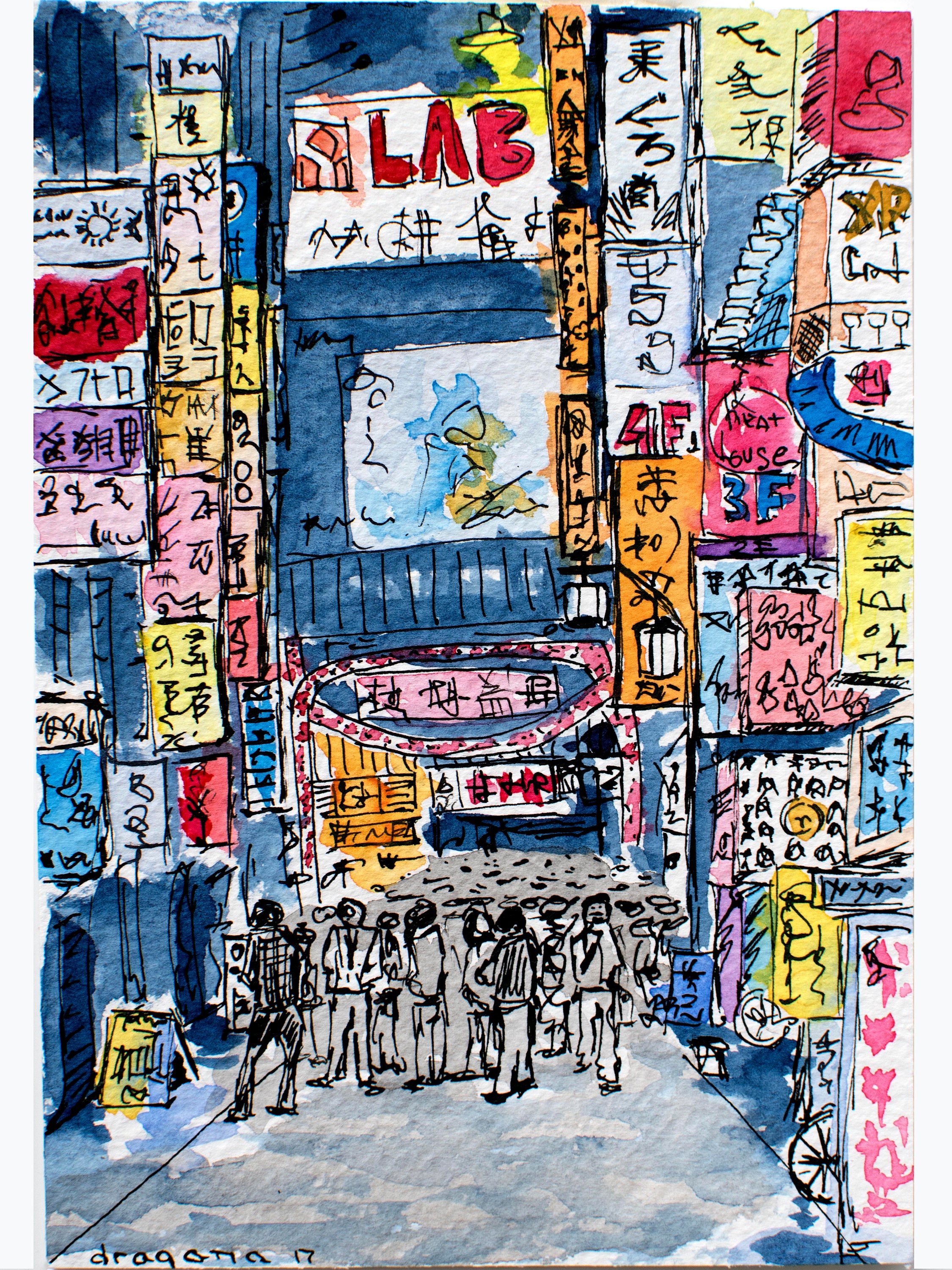Tokyo Street Sketch Print, Neon Signs Kanji, Japan Souvenir