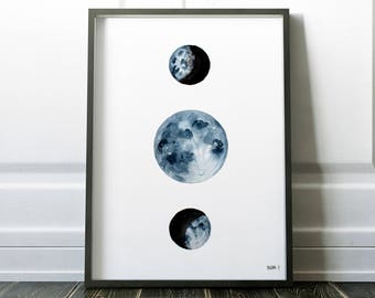 Mondphasen Druck, Vollmond Malerei, Blauer Mond Druck, Großes gerahmtes Poster, Moderne Wohndekoration, Minimalistische Mond kunst, Mondphasen Druck