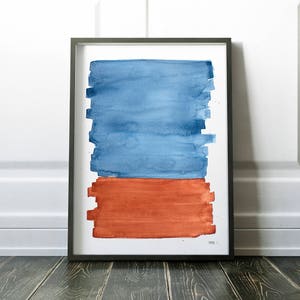 Blue Orange Print Abstract Landscape Art Print, Minimalistic Brush Art, Modern Poster Large Size, Contemporary Artwork,Framed Brush Painting image 1