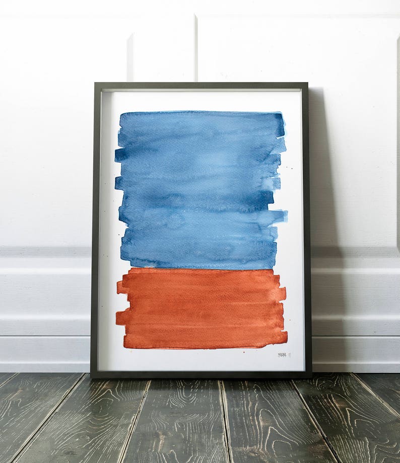 Blue Orange Print Abstract Landscape Art Print, Minimalistic Brush Art, Modern Poster Large Size, Contemporary Artwork,Framed Brush Painting image 1