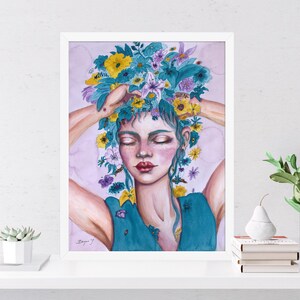 Framed Woman with Bouquet, Flowers Painting, Mindfulness Art, Children Illustration, Mind Garden Print | Ocean Nursery Art