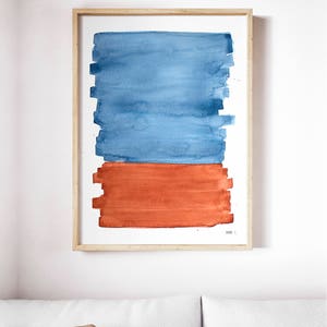 Blue Orange Print Abstract Landscape Art Print, Minimalistic Brush Art, Modern Poster Large Size, Contemporary Artwork,Framed Brush Painting image 4