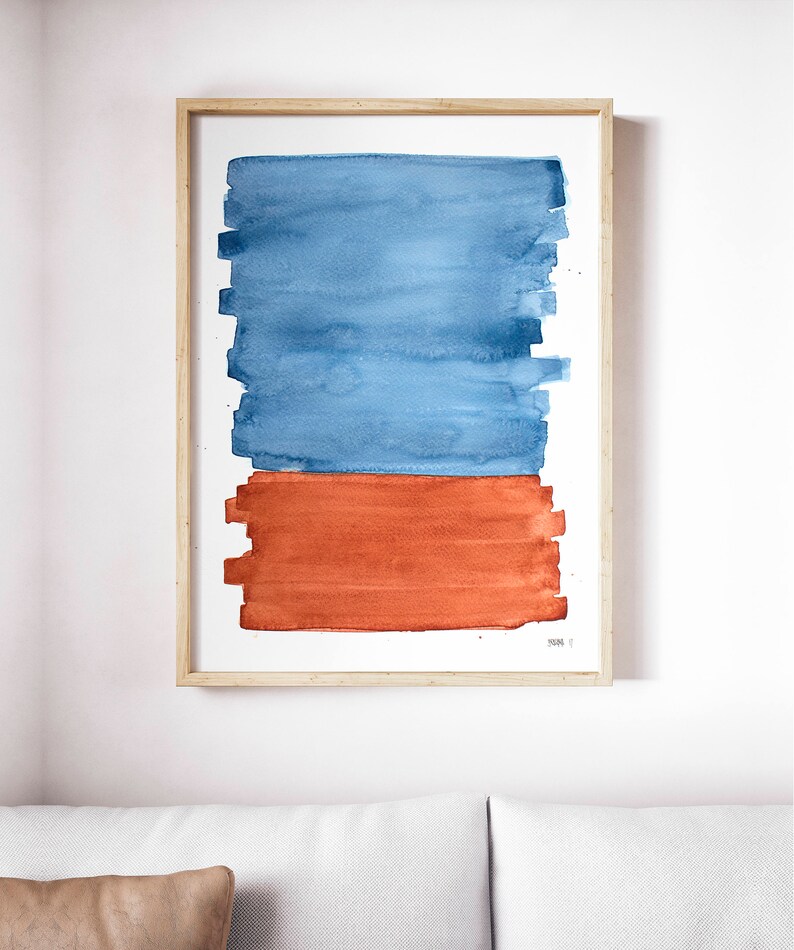 Blue Orange Print Abstract Landscape Art Print, Minimalistic Brush Art, Modern Poster Large Size, Contemporary Artwork,Framed Brush Painting image 4