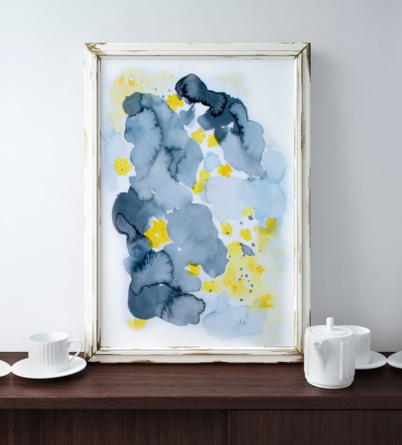 Yellow Flower Print, Abstract Painting, Blue Yellow Art, Blue Landscape Art, Contemporary Artwork, Abstract Calming Art, Framed Print