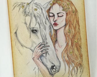 Horse Woman Original Artwork, Woman Drawing, Horse Drawing, Antique Paper, Horse Artwork, Mini Wall Artwork, Surreal Art, Horse Girl Decor