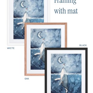 The image is a framed artwork depicting a whale in a night scene with a crescent moon and stars. The artwork is presented in three different color schemes: white, black, and oak.