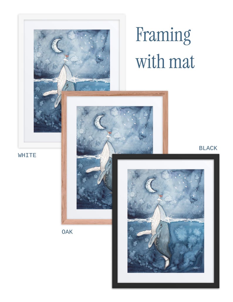 The image is a framed artwork depicting a whale in a night scene with a crescent moon and stars. The artwork is presented in three different color schemes: white, black, and oak.