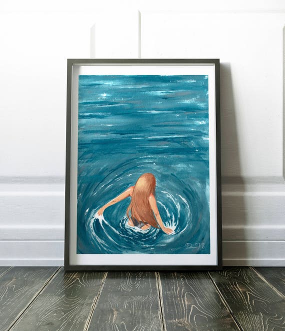 Sea Painting, Woman Portrait, Ocean Wall Art, Modern Sea Decor, Beach House  Decor, Blue Decor Painting, Girl by the Sea, Blond Girl Painting 