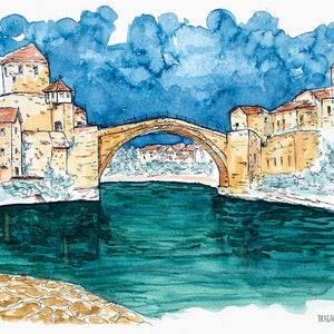 Stari Most Sketch Print, Herzegovina Souvenir, Mostar Art, Large Framed Artwork, Watercolour Wall Decor, Bridge Drawing, Urban Sketch Art