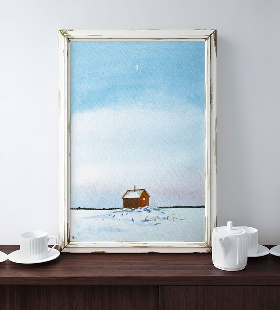 Cabin Landscape Watercolour Simple Snow Valley Wall Artwork Etsy
