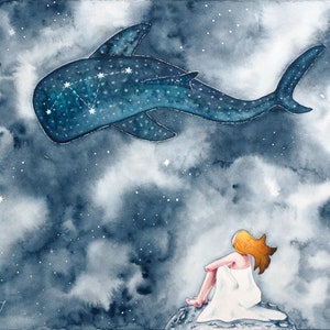 Stargazing Original Painting, Whale Shark Painting, Constellation Whimsical Woman Artwork,  Nursery Painting, Fantasy Artwork, Gift For Her