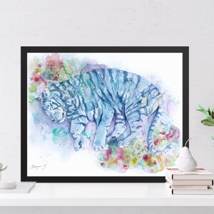 The image is a framed watercolor painting depicting a tiger in a colorful, abstract style.
