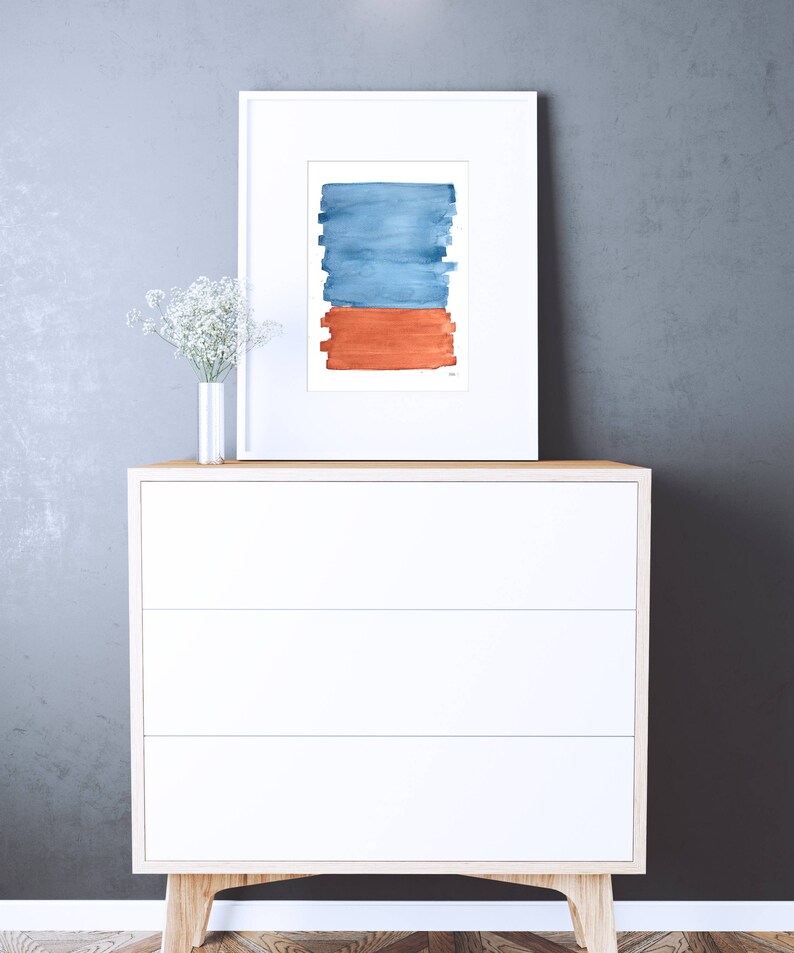 Blue Orange Print Abstract Landscape Art Print, Minimalistic Brush Art, Modern Poster Large Size, Contemporary Artwork,Framed Brush Painting image 5