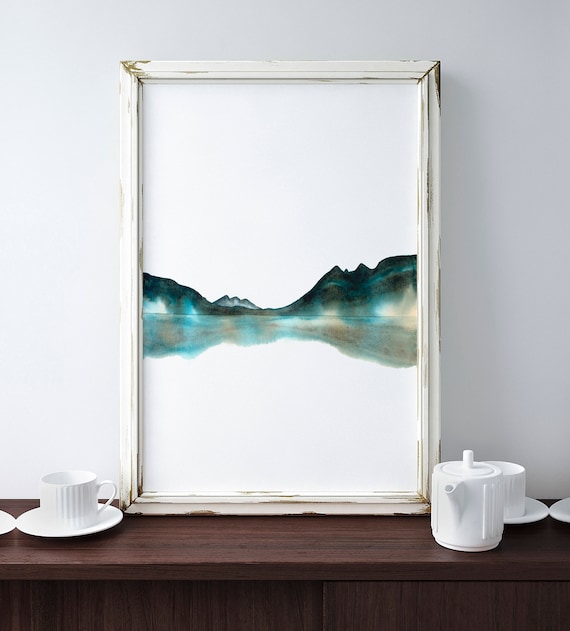 Mountains Lake Print, Dark Green Print, Abstract Landscape, Framed Art Print, Contemporary Artwork, Lake Reflection Art, Minimalistic Decor
