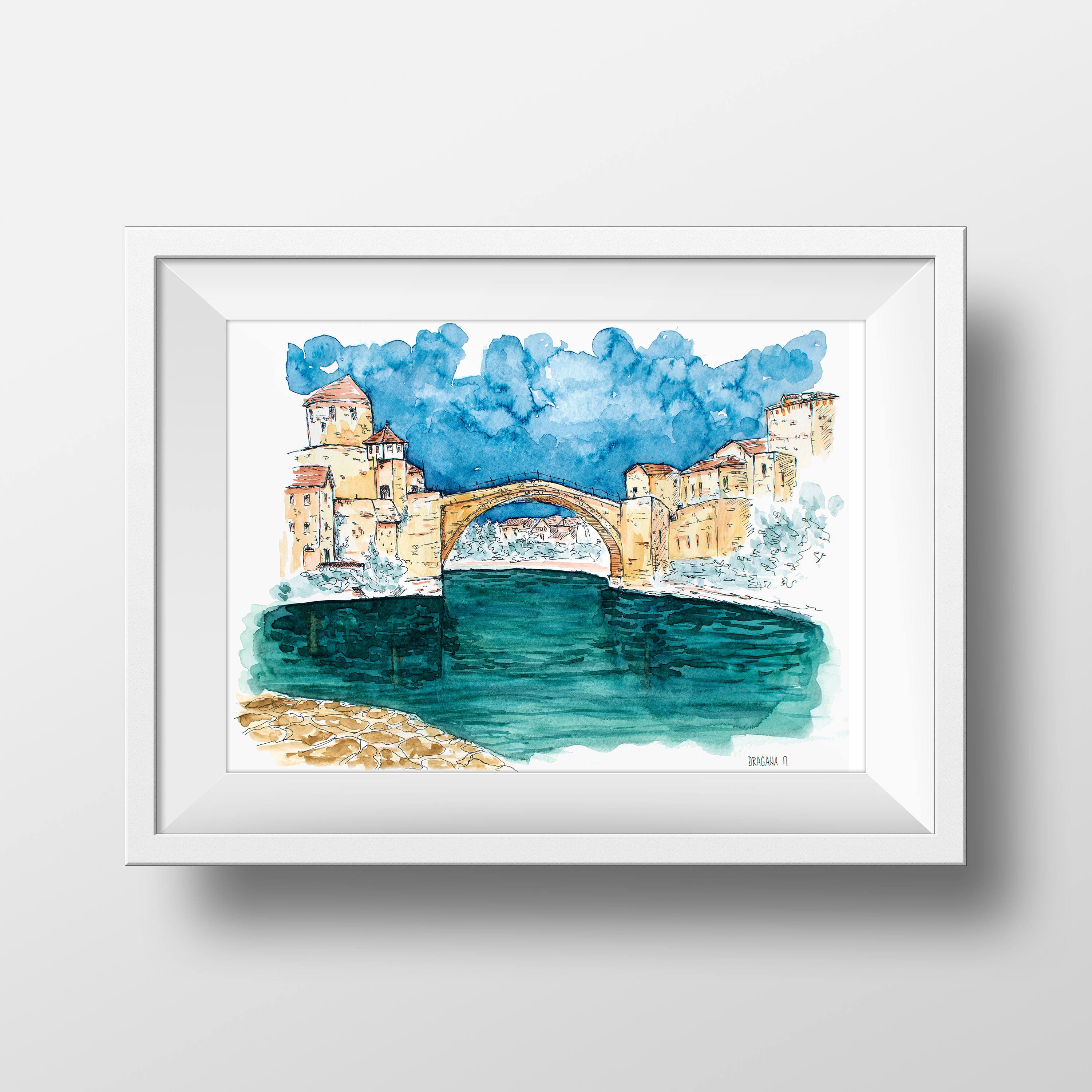 Stari Most Vector Drawing Stari Most Sketch Print, Herzegovina Souvenir, Mostar Art, Large Framed ...