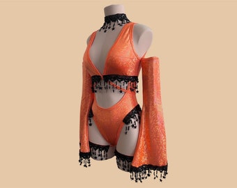 KÜRBIS PRINZESSIN Body | Schlagärmel | Rave-Outfit | Frauen-Rave | Festival-Set | Himmlisches Outfit