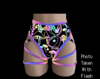 Rainbow Reflective Mushroom | Brazilian Bottoms | Detachable Garters|