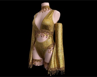 Golden goddess bodysuit | Flare sleeves | Rave outfit | womens rave | Festival Set | Celestial outfit