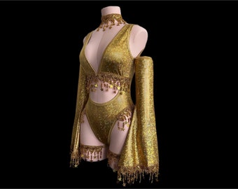 Goldener Göttin Body | Schlagärmel | Rave Outfit | Frauen rave | Festival Set | Himmlisches Outfit
