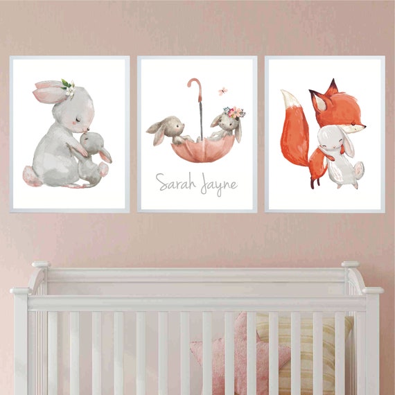Woodland Nursery Bunny Prints Fox Prints Woodland Decor Watercolour Prints Nursery Prints Kids Prints Girls Bedroom Decor