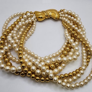 NAPIER COUTURE STATEMENT Necklace 7 Strand Torsade Pearly Golden Beads & Bow 1980&#39;s Authentic Collectible Designer Jewelry Gift For Here