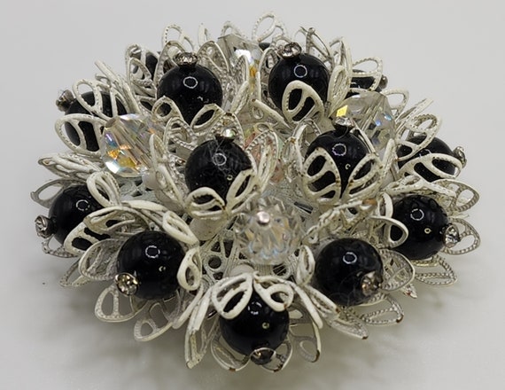 VENDOME Flower Brooch Black White AB Cluster Pin … - image 3