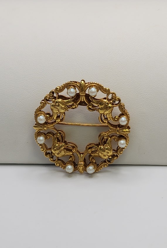 MIRIAM HASKELL Brooch Gorgeous Golden Pearly Wrea… - image 9