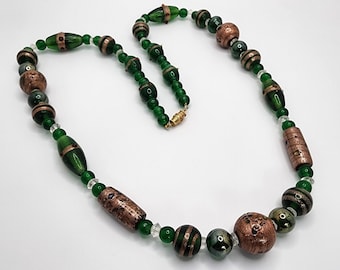 MURANO GLASS Beaded Necklace Green & Gold Foiled Venetian Beads Vintage Lover Gift Authentic Collectible Italian Mid Century Jewelry Present