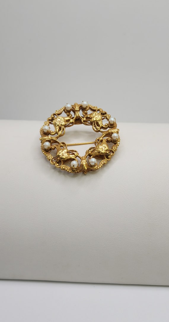 MIRIAM HASKELL Brooch Gorgeous Golden Pearly Wrea… - image 7