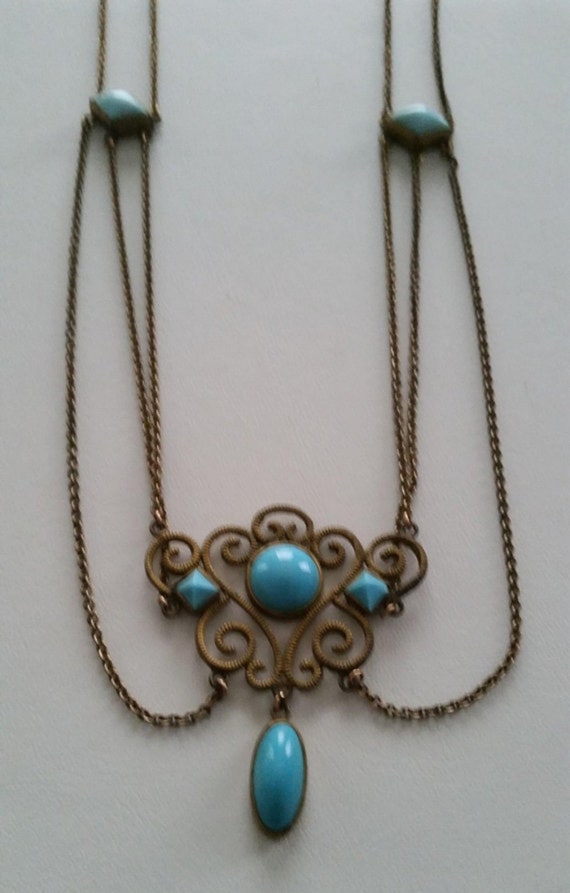 ANTIQUE FESTOON NECKLACE Turquoise Glass Antique … - image 8