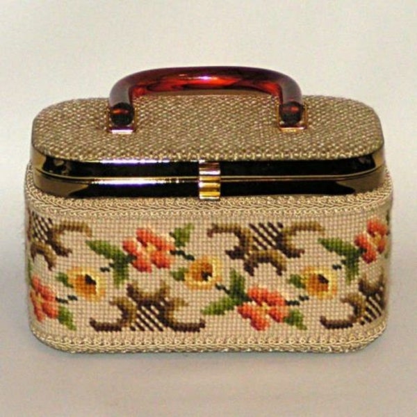 Pristine Julius Resnick Peachy Brown Golden Floral Needlepoint Tortoise Shell Lucite Top Handled Box Purse JR Of Florida Vintage Collectible