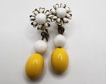MIRIAM HASKELL Beaded Dangle Earrings Yellow & White Milk Glass Collectible Mid Century Designer