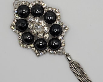 Juliana D&E Tassel Brooch: Hematite, Diamanté Crystal, Silver Tone