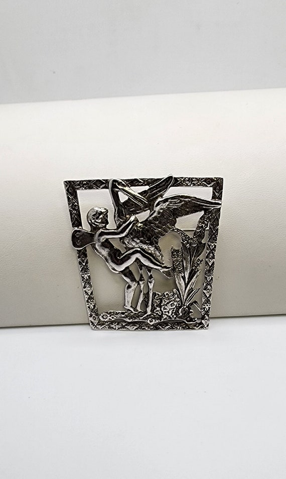 EARLY CORO SCRIPT Brooch Large Silver Tone Cherub… - image 9