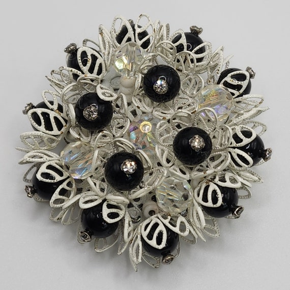 VENDOME Flower Brooch Black White AB Cluster Pin … - image 1
