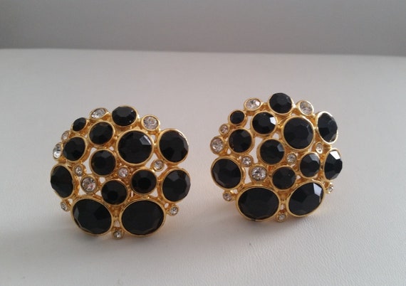 BLANCA Statement Earrings Black And Rhinestone Gi… - image 4